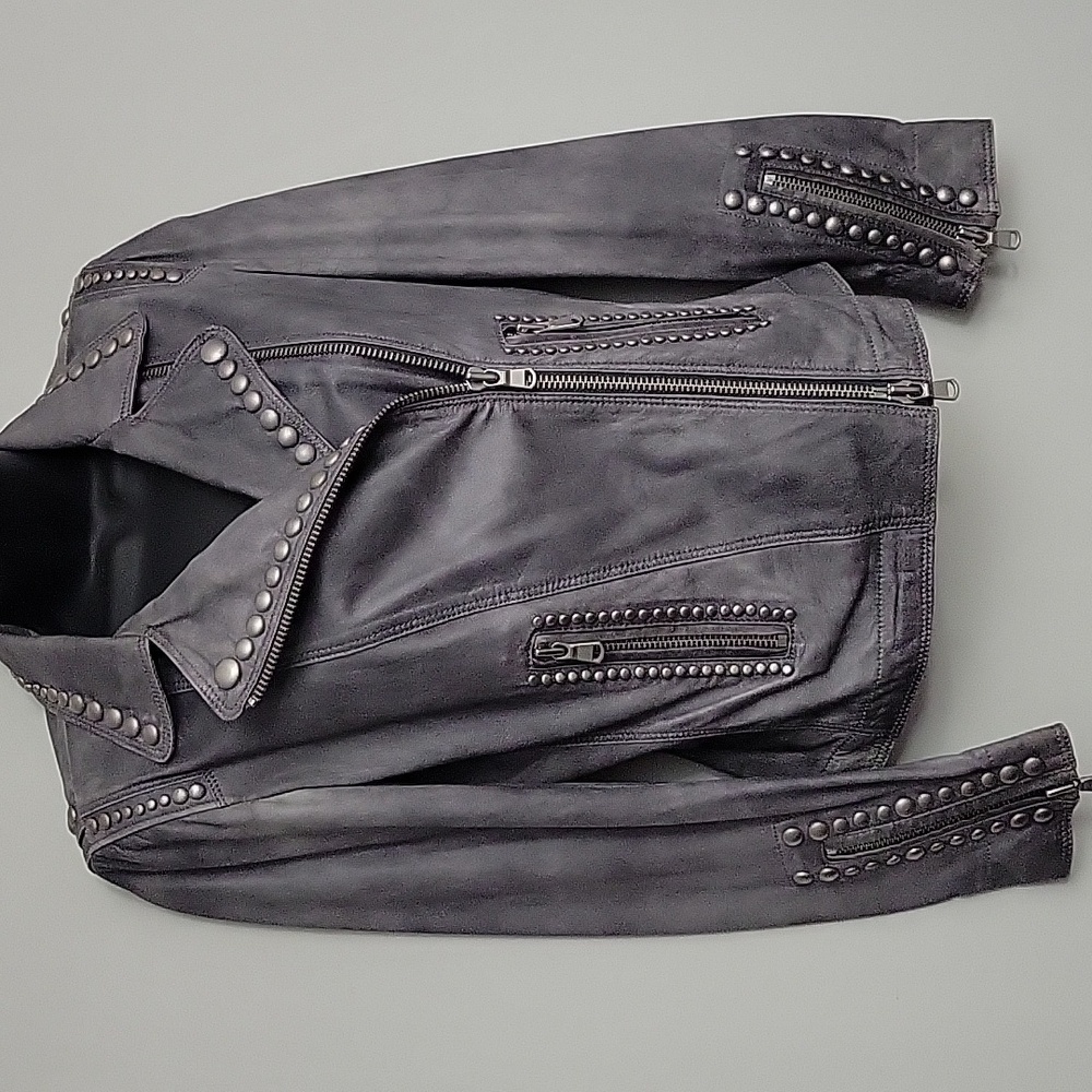 Vintage Sylvie Schimmel Paris Studded Gray Leather Moto Jacket Size FR 36 Unworn